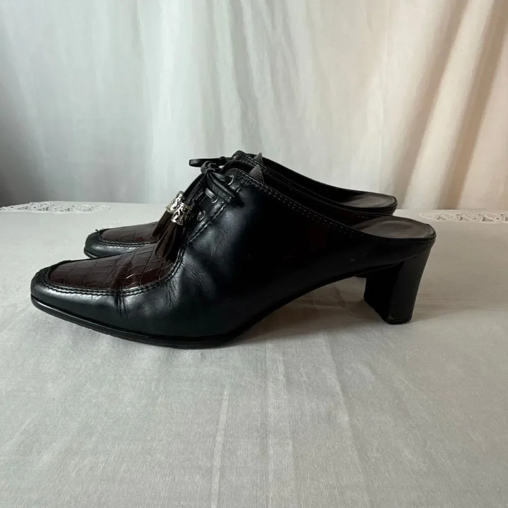 Vintage Brighton Tassle Mules‎ 8.5M Croc Embossed Black Brown Leather Heels Boho
